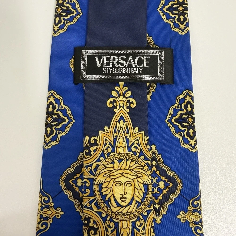 Versace Men's Tie Baroque Medusas Blue & Gold Silk Italy 3.75